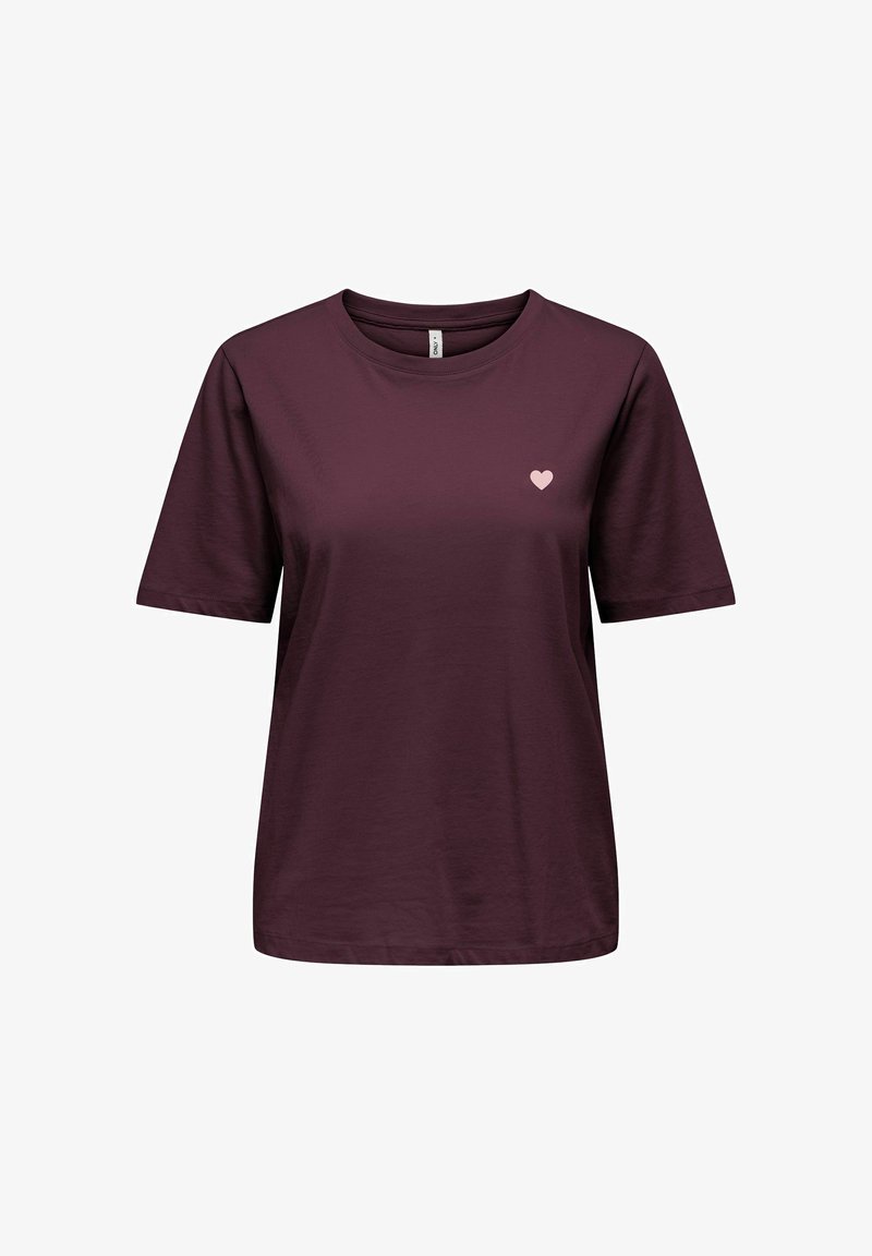 T-shirt violet foncé à manches courtes avec encolure ronde et petit motif cœur rose clair sur la poitrine gauche.
