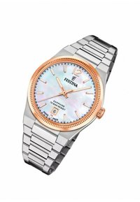 Sølv rustfrit stål ur med en rosaguld bezel, hvid perlemorsskive og markører. Har datovisning og safirglas.