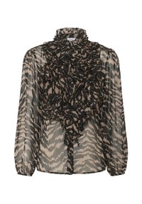 Durchscheinende Bluse mit langen Ärmeln im beige-schwarzen Tierdruck. Sie hat einen hohen, gerafften Halsausschnitt und geschichtete Rüschen an der Vorderseite.