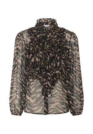 Blusa trasparente a maniche lunghe in stampa animale beige e nera. Presenta un colletto alto con rouches e rouches sovrapposte sul davanti.
