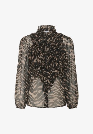Durchscheinende Bluse mit langen Ärmeln im beige-schwarzen Tierdruck. Sie hat einen hohen, gerafften Halsausschnitt und geschichtete Rüschen an der Vorderseite.