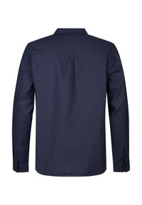 Paita pitkähiha, tummansininen, nappikaulus, takakappale, yksittäinen laskos, kaksivihreä hihansuu, sileä tekstuuri, kevyt kangas.