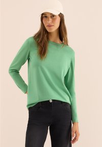 Grüner Pullover mit langen Ärmeln und rundem Ausschnitt, aus einem glatten Material, kombiniert mit schwarzen Hosen. Das Modell trägt eine weiße Mütze.