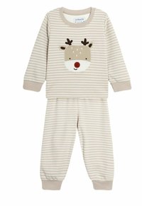 Gestreepte beige pyjama set met een rendier gezicht op de bovenkant, van zachte katoen en met elastische boorden aan de mouwen en broek.