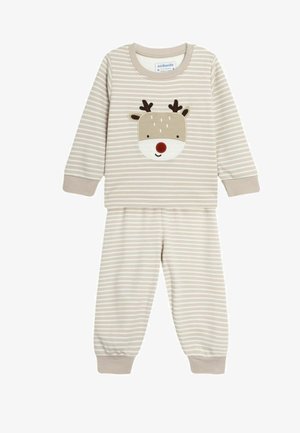 Striped beige pajama set featuring a reindeer face on the top, with soft cotton material and elastic cuffs on the sleeves and pants.
