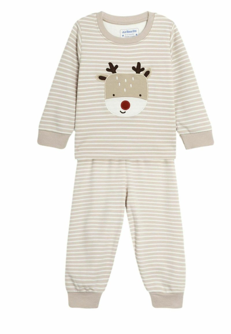 Gestreepte beige pyjama set met een rendier gezicht op de bovenkant, van zachte katoen en met elastische boorden aan de mouwen en broek.