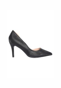 Scarpa con tacco alto nera a punta, con una finitura texture, design elegante e tacco a stiletto di 10 cm. Sides aperti e soletta di un rosa chiaro.