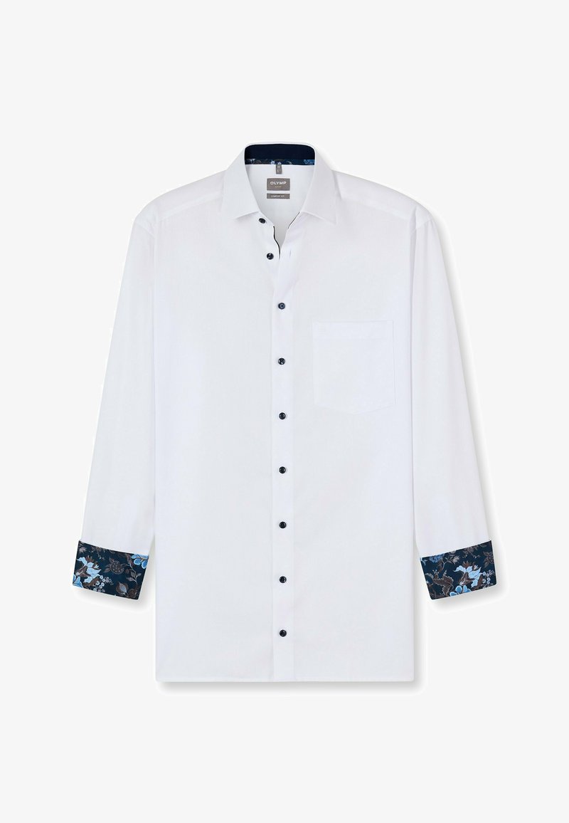 Weißes Hemd mit langen Ärmeln und Knopfleiste. Blaue, gemusterte Manschetten und Innenfutter des Kragens. Umgeschlagener Kragen, einzelne Brusttasche und dunkle Knöpfe.