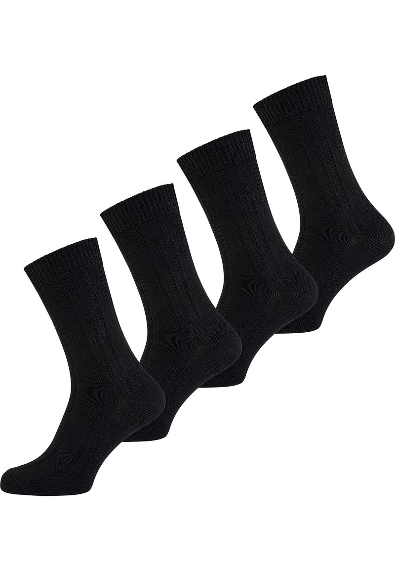 Schwarze Baumwollsocken, vierer Pack, mit gerippter Textur, einfarbig, mittellange Socken bis zur Wade und verstärktem Zehen- und Fersenbereich.