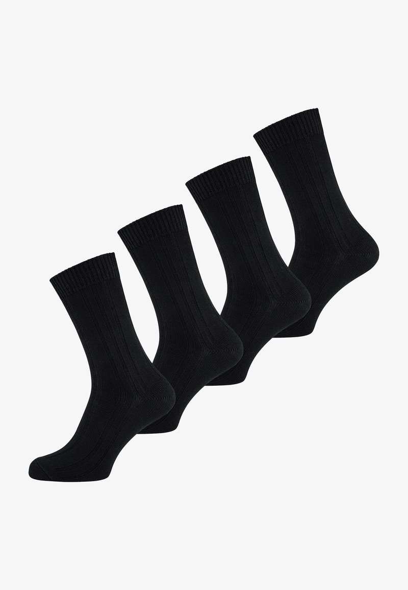 Schwarze Baumwollsocken, vierer Pack, mit gerippter Textur, einfarbig, mittellange Socken bis zur Wade und verstärktem Zehen- und Fersenbereich.