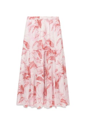 Hellrosa mehrschichtiger Rock mit weichem rotem Blumenmuster und tailliertem Bund.