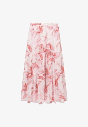 Hellrosa mehrschichtiger Rock mit weichem rotem Blumenmuster und tailliertem Bund.