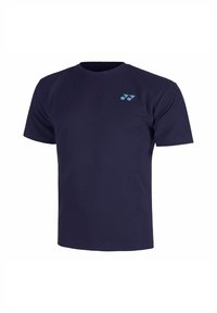 Navy blue short-sleeve t-shirt, made of soft fabric, featuring a light blue logo on the left chest, with a classic round neckline.