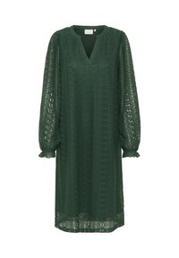 Grön spetsklänning med V-ringning, långa puffärmar, texturerade blommönster och volangmed ermar; knälång med en lös passform.