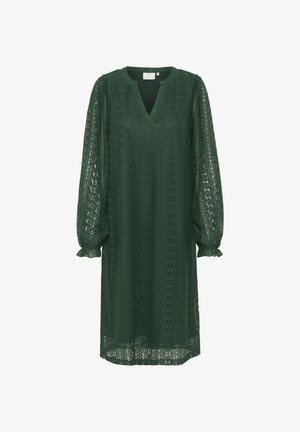 Groene kantjurk met een V-hals, lange pofmouwen, gestructureerde bloempatronen en ruches aan de mouwen; knie-lang en met een losse pasvorm.