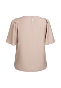 Bež blouse s teksturiranom tkaninom, kratkim lepršavim rukavima i detaljem tiple na leđima s jednim dugmadi.
