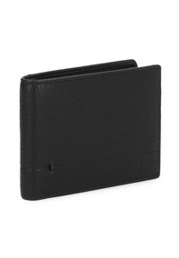 Portafoglio in pelle nera con finitura strutturata, design bifold e bordi cuciti. Caratterizzato da scomparti per carte e un interno liscio. Hardware minimale.