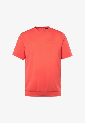 Korallenrotes kurzärmliges T-Shirt aus leichtem Material, mit rundem Halsausschnitt und kleinem Logo auf der Vorderseite. Glatte Textur und reguläre Passform.