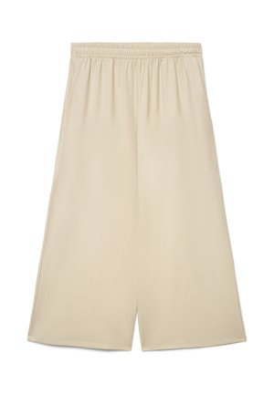 Pantalon beige large et raccourci avec ceinture élastique, fabriqué en tissu lisse, posé à plat sur un fond blanc.