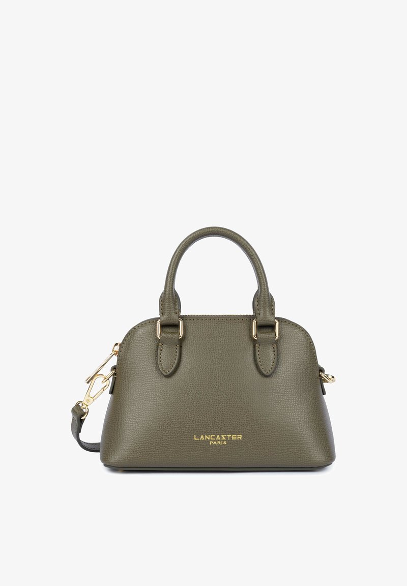 Sac à main en cuir vert olive avec deux anses, ferrures dorées et logo "Lancaster Paris" en doré au centre devant.
