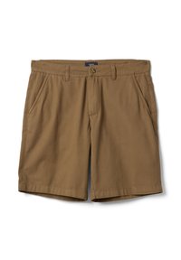 Pantalones cortos chino de algodón marrón con presillas para cinturón, cierre de botones y bolsillos laterales, mostrados sobre fondo blanco.