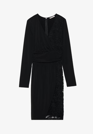 Black dress featuring long sleeves, a wrap design, ruched waist, and lace side panel. Soft fabric with a smooth texture and zipper closure.