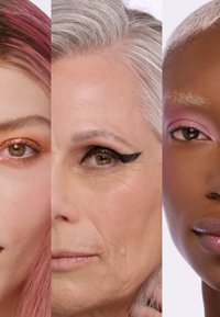 Tres rostros en primer plano: a la izquierda con cabello rosa y sombra de ojos cobre; en el centro con cabello plateado y delineado audaz; a la derecha con cabello corto rubio y tonos suaves de rosa.