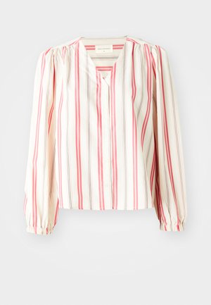 Button-up blouse in lightweight fabric, featuring vertical pink and brown stripes. V-neckline and gathered long sleeves with elastic cuffs.