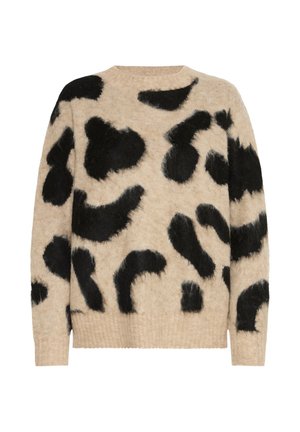 Pull beige à la texture douce avec de grandes taches noires de léopard. Ourlets et poignets côtelés, décolleté rond, coupe décontractée.