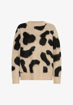 Pull beige à la texture douce avec de grandes taches noires de léopard. Ourlets et poignets côtelés, décolleté rond, coupe décontractée.