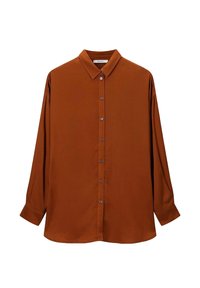 Bruin overhemd met lange mouwen, gemaakt van een gladde stof, met een klassieke kraag en een voorste placket met bijpassende knopen.