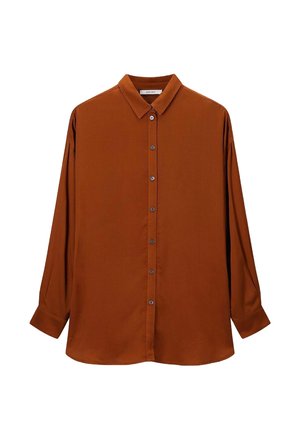 Brown long-sleeve button-up shirt made of smooth fabric, featuring a classic collar and front placket with matching buttons.