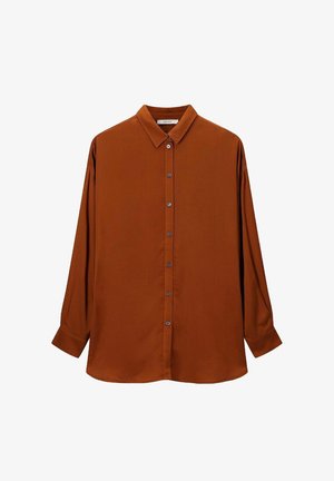 Braunes Langarm-Hemd mit Knöpfen aus glattem Stoff, das einen klassischen Kragen und eine Vorderleiste mit passenden Knöpfen aufweist.