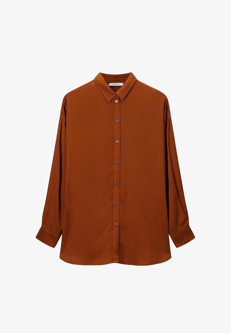 Bruin overhemd met lange mouwen, gemaakt van een gladde stof, met een klassieke kraag en een voorste placket met bijpassende knopen.