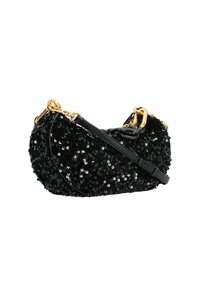 Borsa a mano nera in paillettes con forma arrotondata, hardware dorato e tracolla nera staccabile con dettagli in catena.