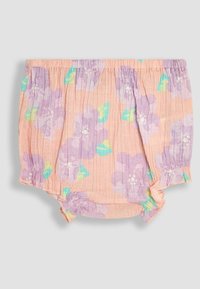 Braguitas de bebé con estampado floral en rosa pastel, con flores moradas y hojas azuladas. Textura arrugada con cintura elástica y aberturas de piernas fruncidas.