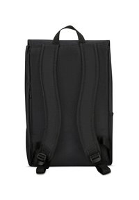 Black fabric backpack with two adjustable shoulder straps, a top handle, and side pocket. Features a smooth texture and minimalist design.