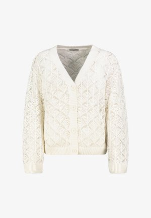 Cremefarbener gestrickter Cardigan mit einem geometrischen Lochmuster, V-Ausschnitt, langen Ärmeln und vier Knöpfen vorne.