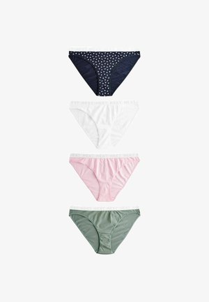 Vier Paar Damenunterhosen: oben in Marineblau mit weißen Herzen, weiß, rosa und grün, alle mit elastischem weißen "NEXT"-Bund.