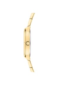 Gouden metalen horloge met een slanke kast en een schakelband. Gladde afwerking, ronde vorm en een kroon aan de zijkant voor het instellen van de tijd.