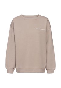Beige sweatshirt met een ronde hals en een losse pasvorm. Heeft ribbels aan de mouwen en onderkant, en witte tekst "FRENCH CONNECTION" op de voorkant.