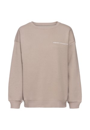 Beige sweatshirt with a crew neckline and loose fit. Features ribbed cuffs and hem, and white "FRENCH CONNECTION" text on the front.