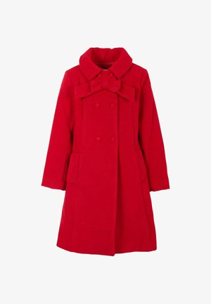 Rode wollen jas met dubbele rij knopen, grote strikaccent bij de kraag, zijzakken en een gestructureerde stofafwerking.