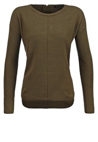 Suéter de punto verde olivo con cuello redondo, mangas largas y puños acanalados. Presenta una costura central que baja por el frente.