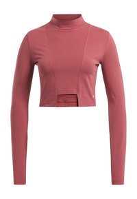 Långärmad croppad topp i stoftrosa, med en mock neck, sömlös framsidesdesign och en cut-out-detalj vid fållen. Slätt, elastiskt tyg.