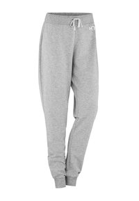 Graue Jogginghose mit Kordelzugbund, zulaufenden Knöcheln und kleinem Logo am linken Oberschenkel. Hergestellt aus weichem, bequemem Stoff.