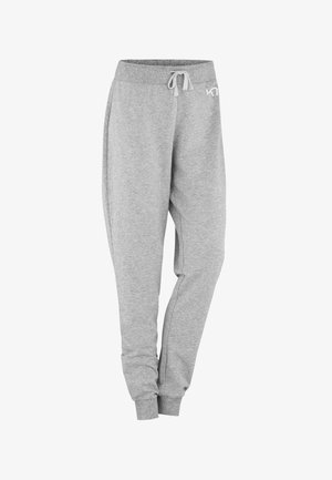 Gray sweatpants with a drawstring waistband, tapered ankles, and a small logo on the left thigh. Made of soft, comfortable fabric.