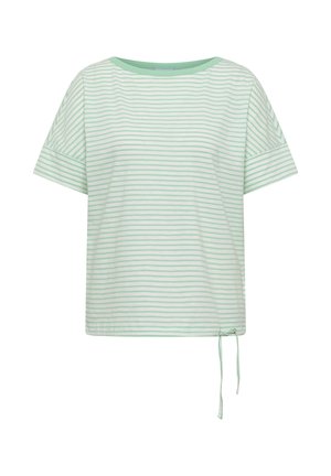 Wit T-shirt met korte mouwen met dunne horizontale muntgroene strepen en een trekkoorddetail aan de onderkant van de rechter zoom.
