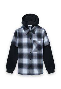 Camicia a quadri bianca e nera con maniche corte, dotata di cappuccio nero, chiusura con bottoni e tasca frontale con motivo diagonale.