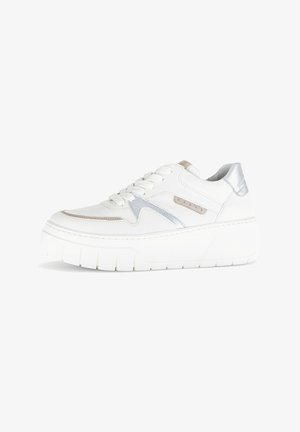 White leather sneaker with metallic silver and beige accents, featuring a thick white sole, round toe, and lace-up design.